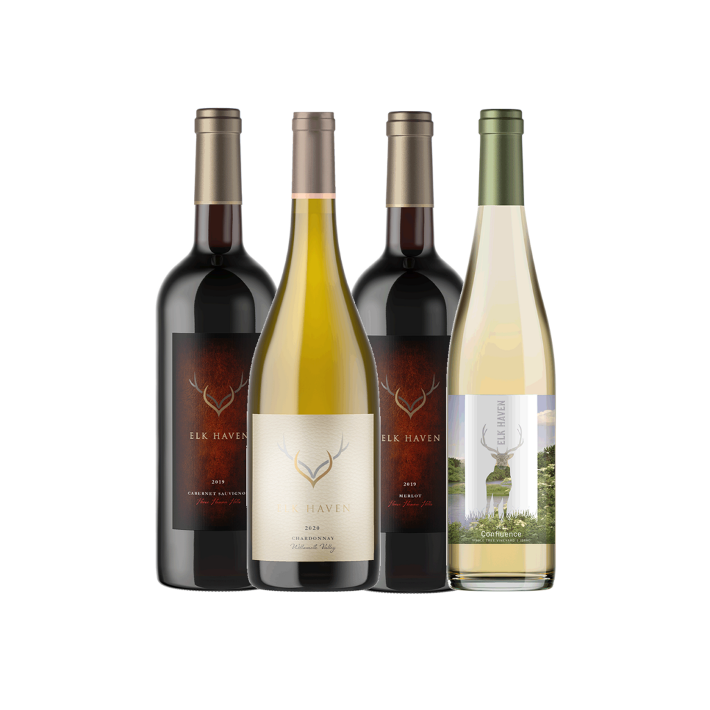 Rendering of four bottles of mixed Elk Haven Winery wines to represent the spike bull four-bottle club membership