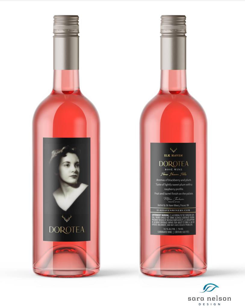 Rendering of the front and back labels of the Dorotea Rosé wine bottle